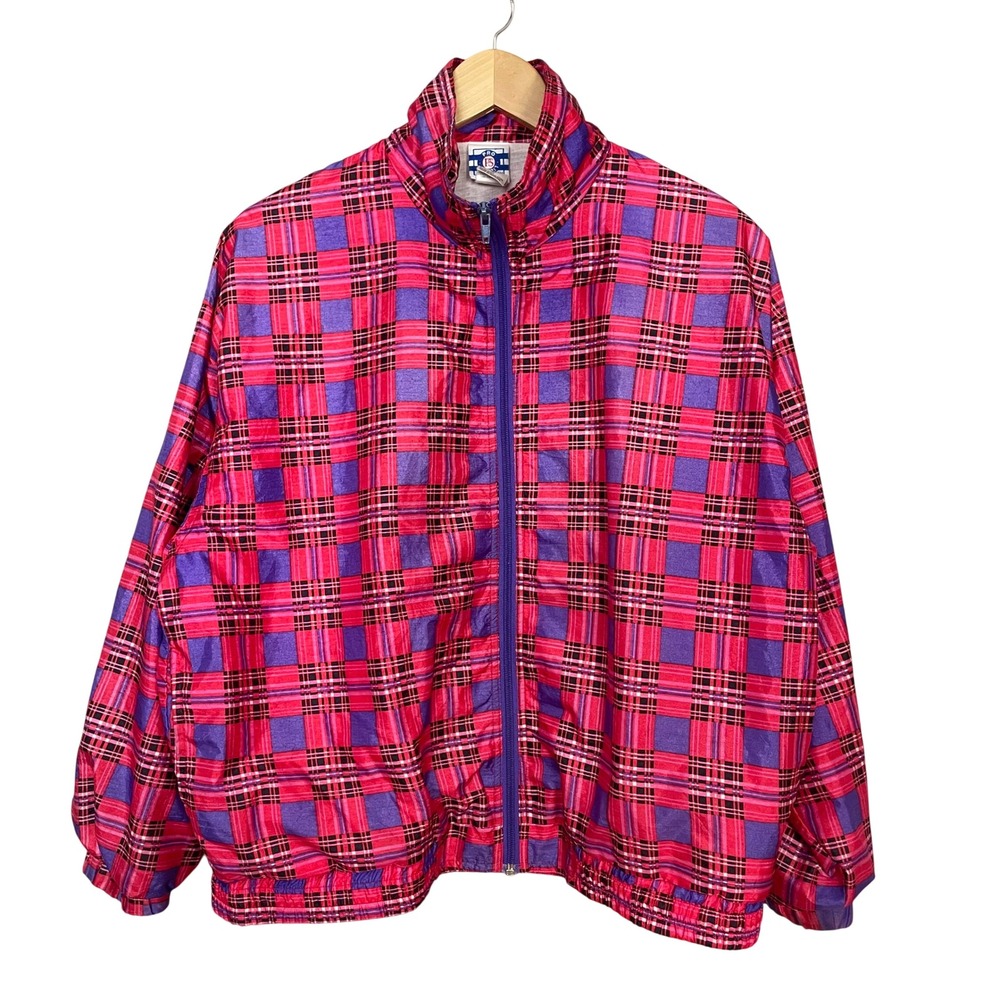 Vintage Jacket Plaid Nylon Pink Purple Zip-Up Windbreaker Lined Retro Women 90s
